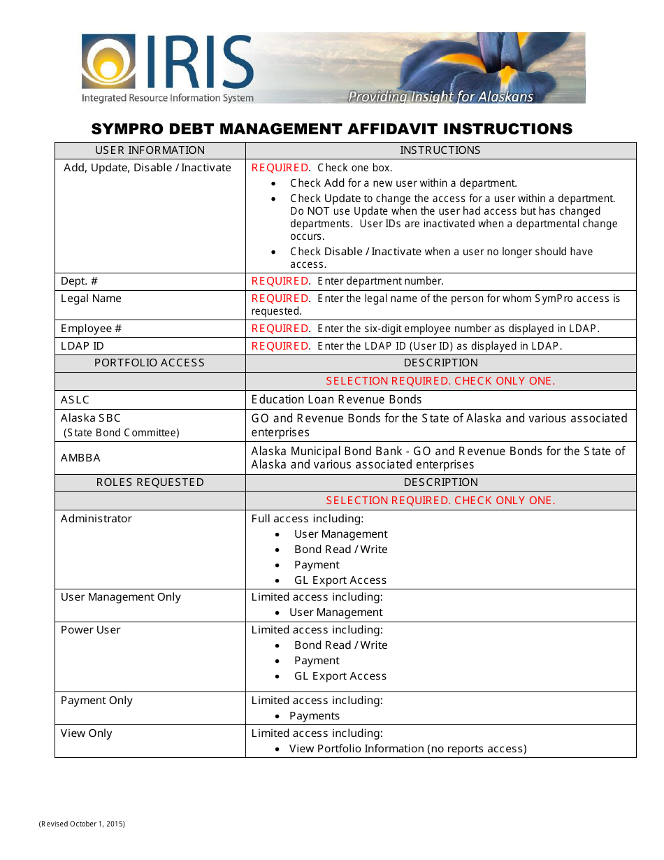 Sympro Debt Management User Affidavit Form - Alaska, Page 1