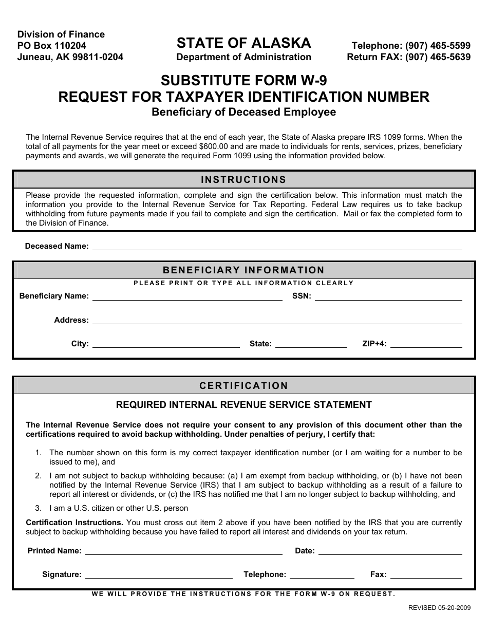 Form W-9 Substitute Form W-9 - Request for Taxpayer Identification Number - Beneficiary of Deceased Employee - Alaska, Page 1