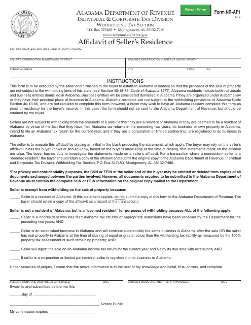 Form NR-AF1 Affidavit of Seller's Residence - Alabama