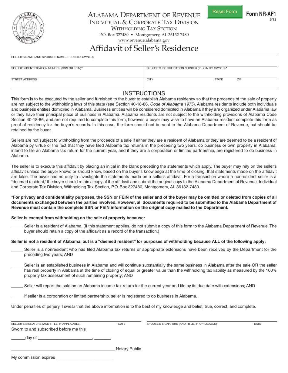 Form NR-AF1 Affidavit of Sellers Residence - Alabama, Page 1