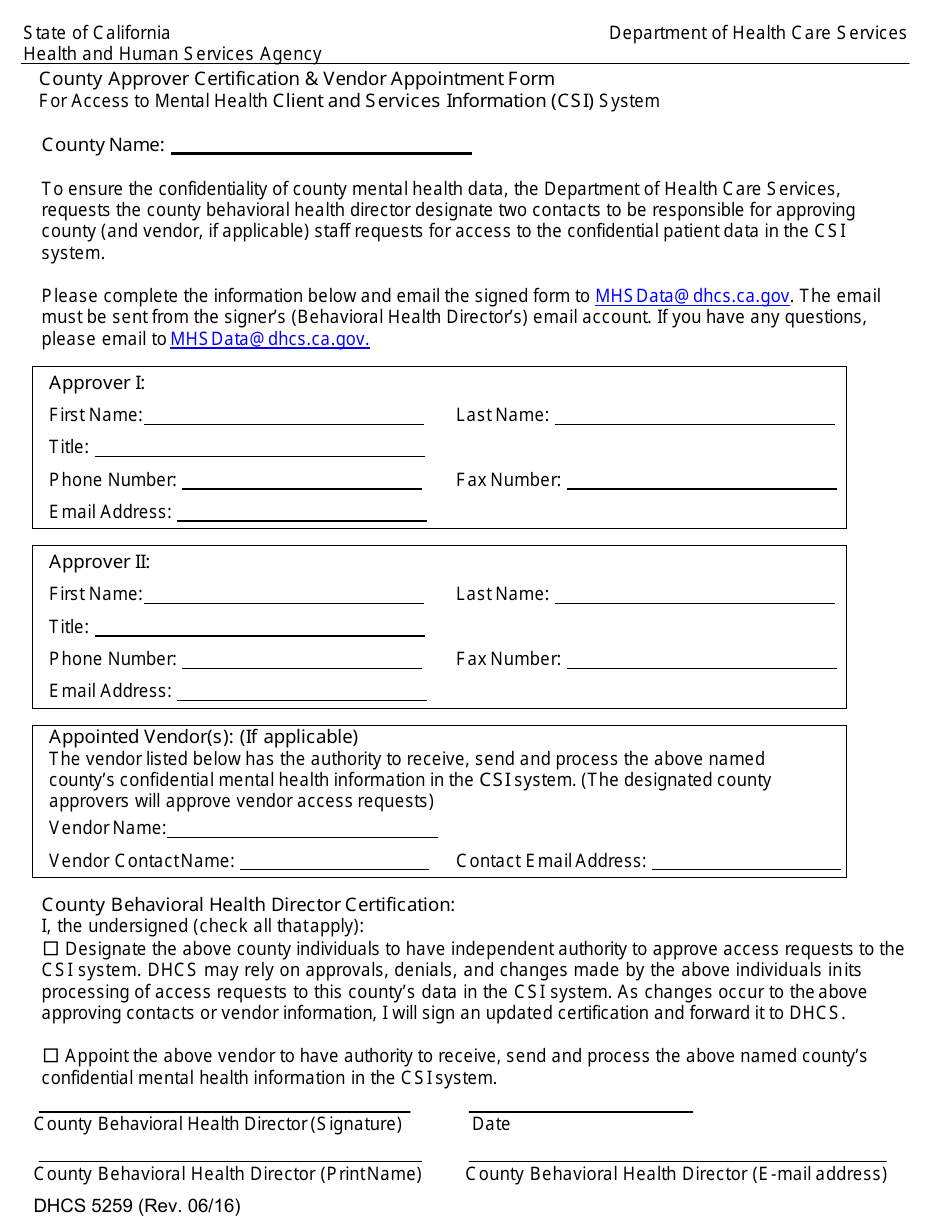 Form DHCS5259 County Approver Certification  Vendor Appointment Form - California, Page 1