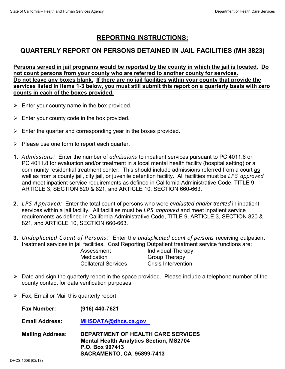 Form DHCS1008 Quarterly Report on Services Provided to Persons Detained in Jail Facilities - California, Page 2