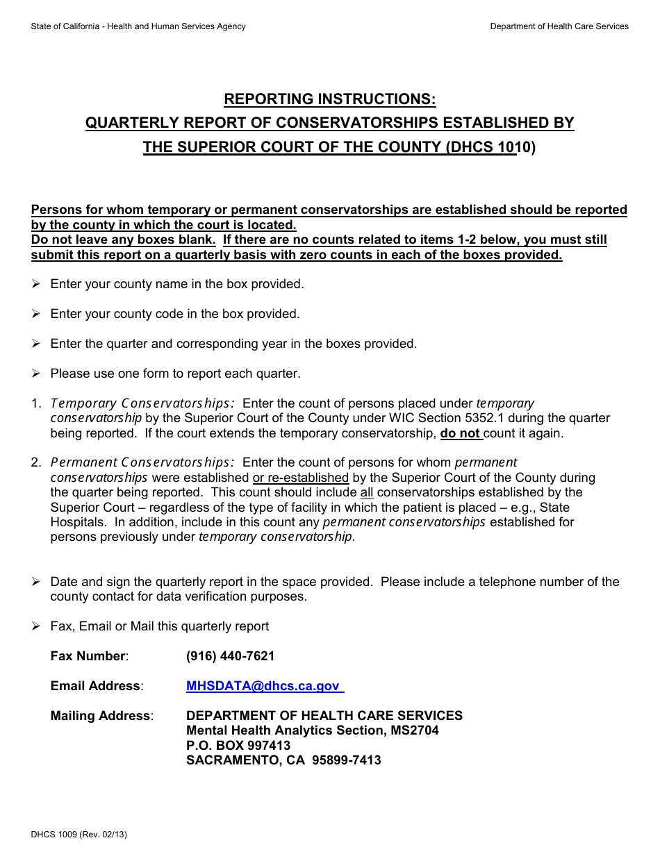 Form DHCS1009 Quarterly Report of Conservatorships Established by the Superior Court of the County - California, Page 2