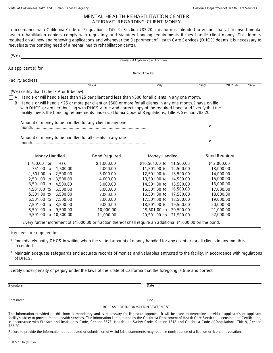 Form DHCS1816 Affidavit Regarding Client Money - Mental Health Rehabilitation Center - California, Page 1