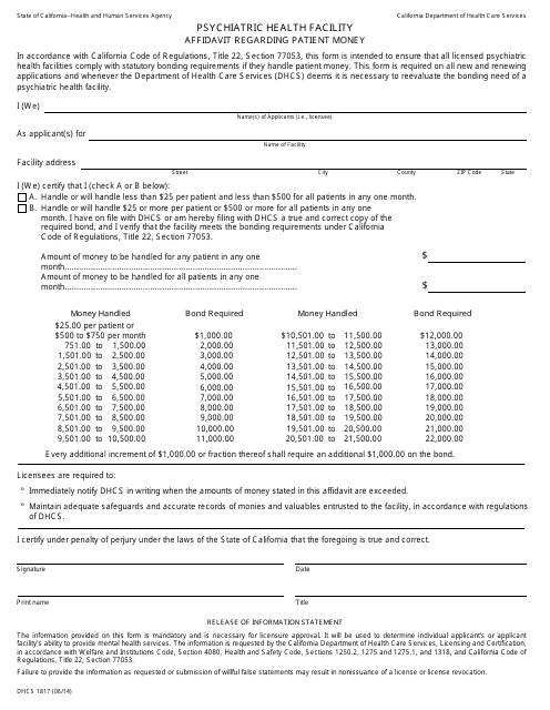 Form DHCS1817 Affidavit Regarding Patient Money - Psychiatric Health Facility - California