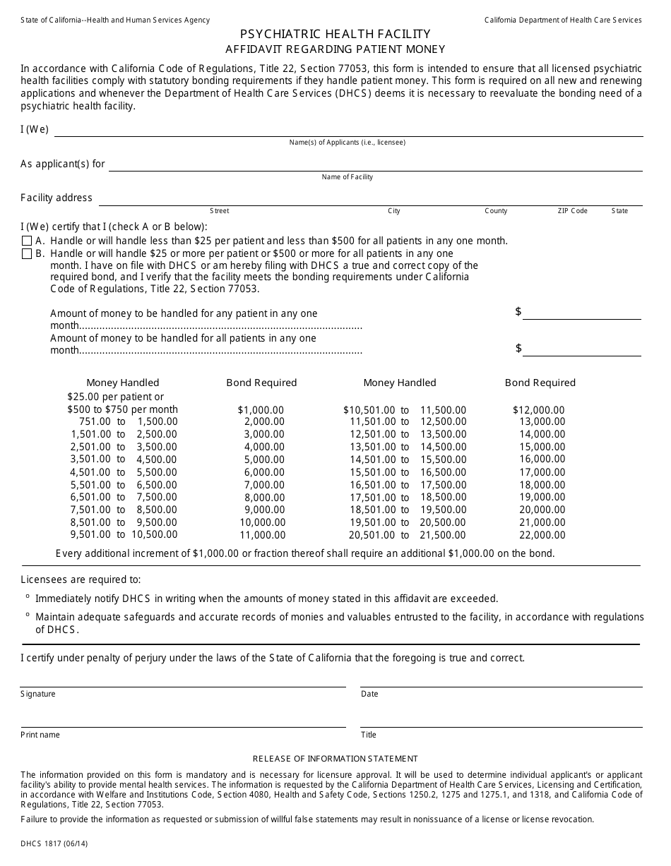 Form DHCS1817 Affidavit Regarding Patient Money - Psychiatric Health Facility - California, Page 1