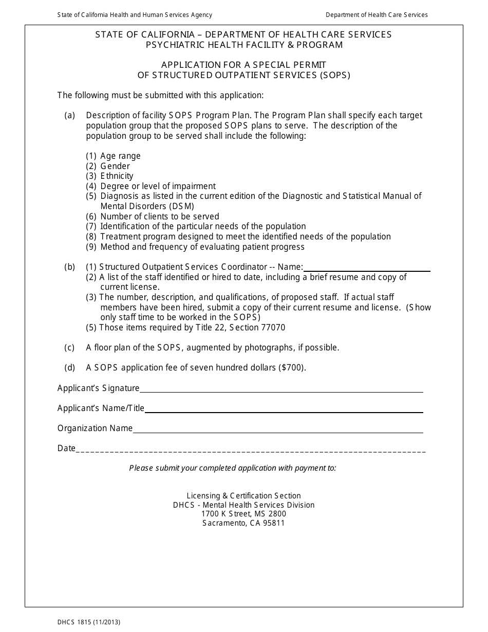 Form DHCS1815 Application for a Special Permit of Structured Outpatient Services (Sops) - Psychiatric Health Facility  Program - California, Page 1