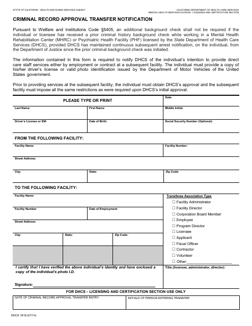 Form DHCS1818 Criminal Record Approval Transfer Notification - California