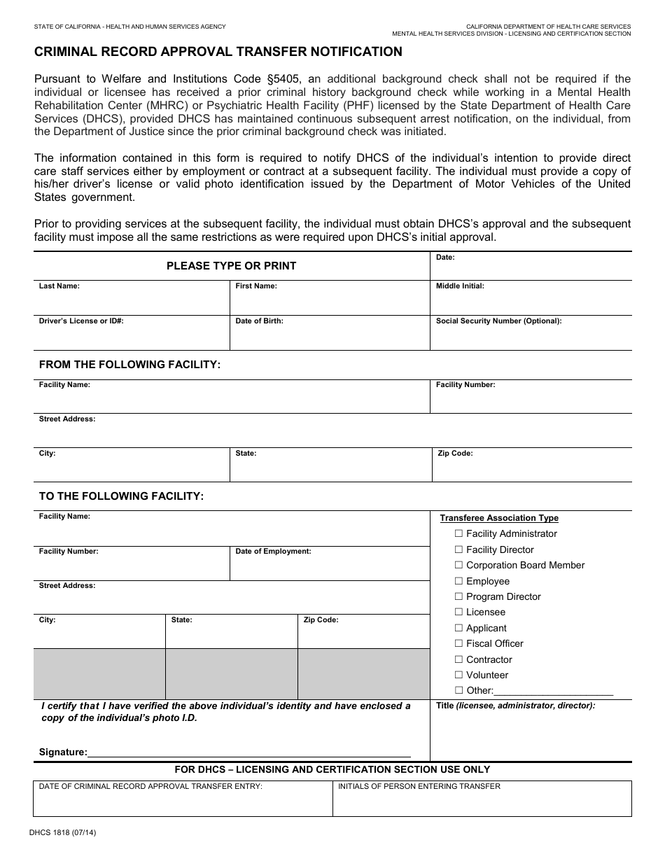 Form DHCS1818 Criminal Record Approval Transfer Notification - California, Page 1