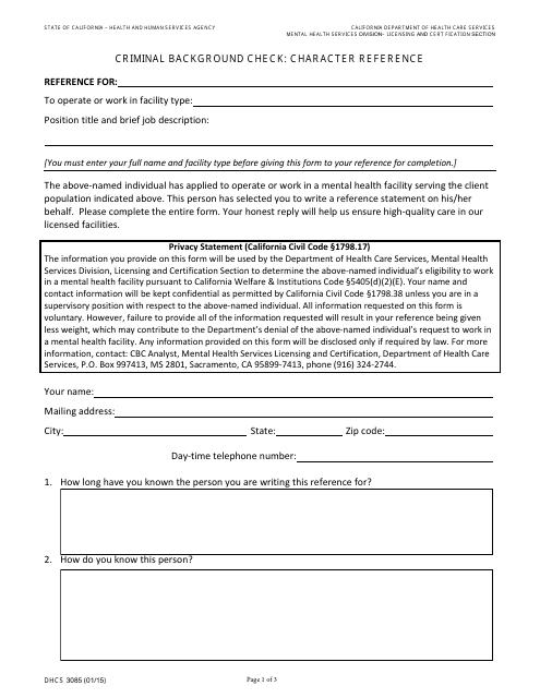 Form DHCS3085 Criminal Background Check: Character Reference - California