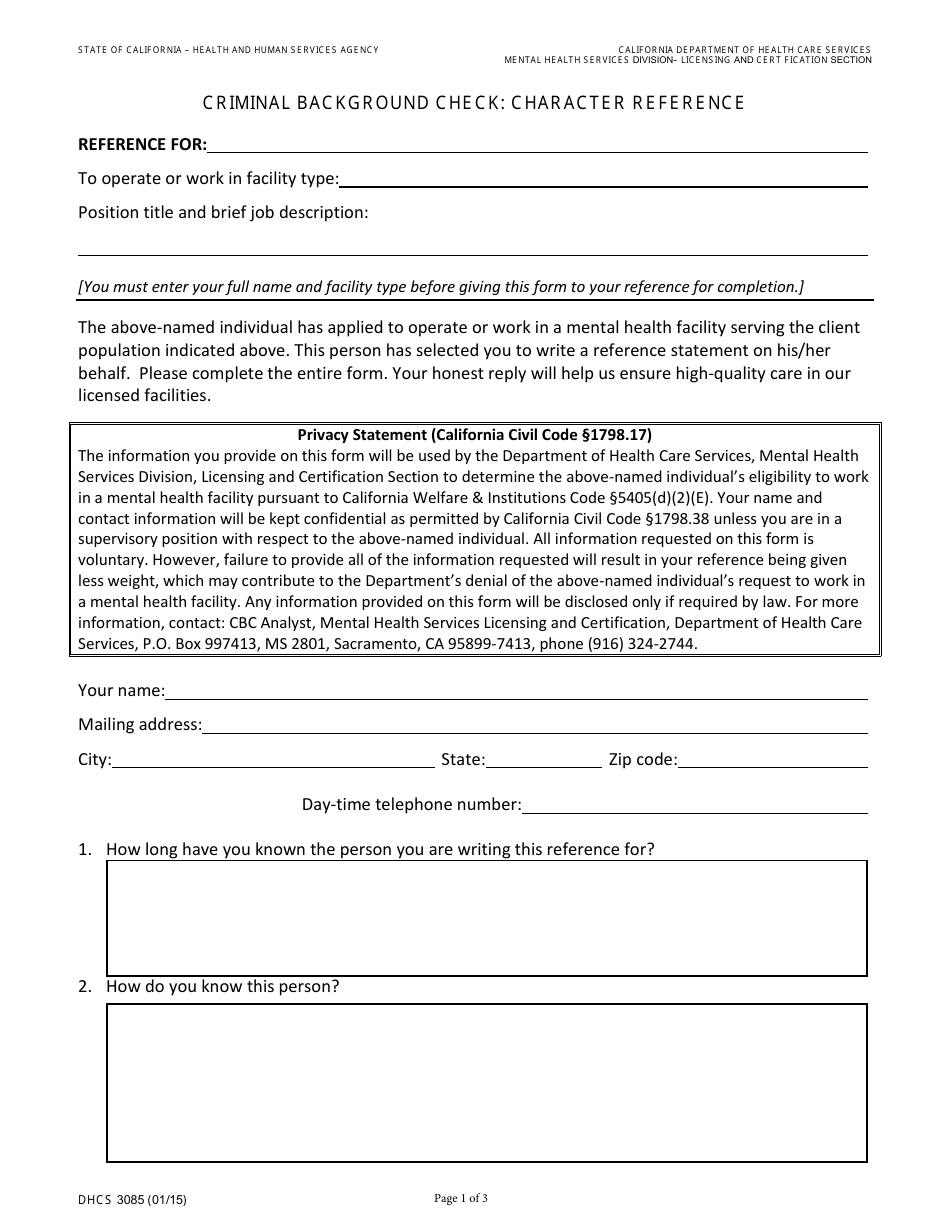 Form DHCS3085 Criminal Background Check: Character Reference - California, Page 1