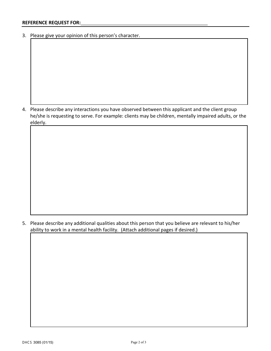 Form DHCS3085 Criminal Background Check: Character Reference - California, Page 2