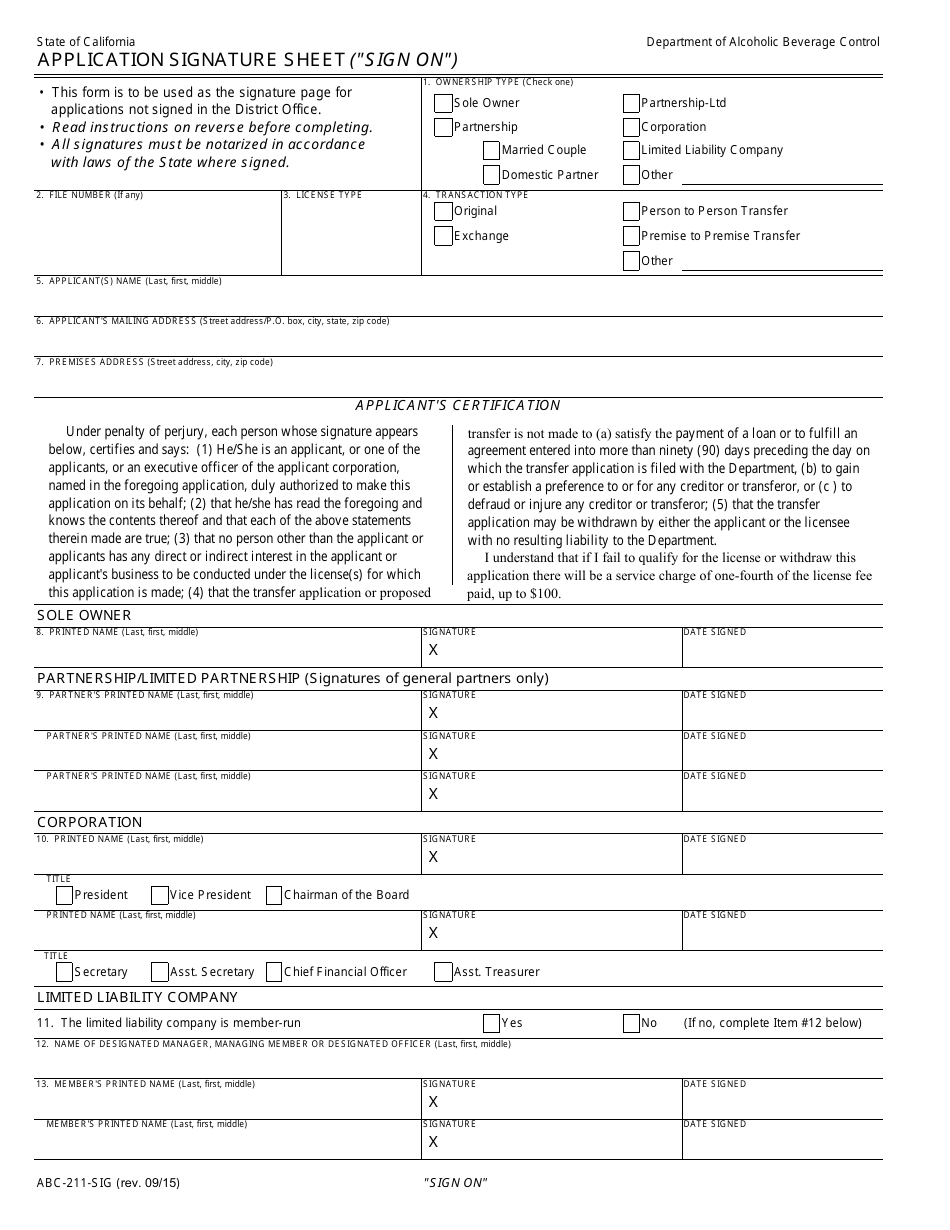 Form ABC-211-SIG Application Signature Sheet (sign on) - California, Page 1