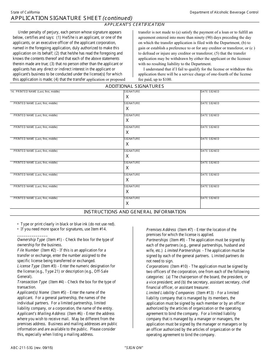 Form ABC-211-SIG Application Signature Sheet (sign on) - California, Page 2