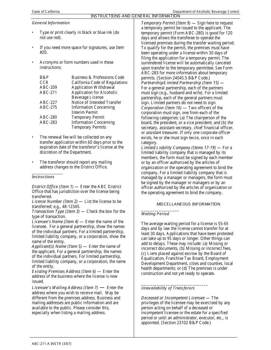 Instructions for Form ABC-211, ABC-211-A License Transfer Request (sign off) - California, Page 1