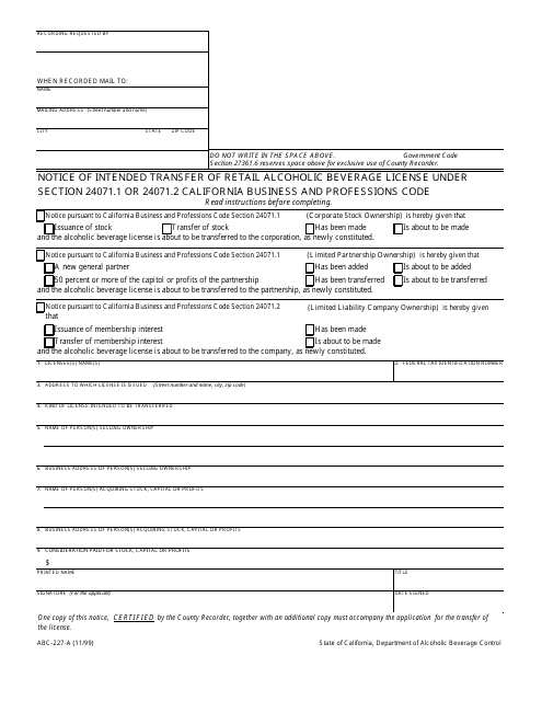 Form ABC-227-A  Printable Pdf