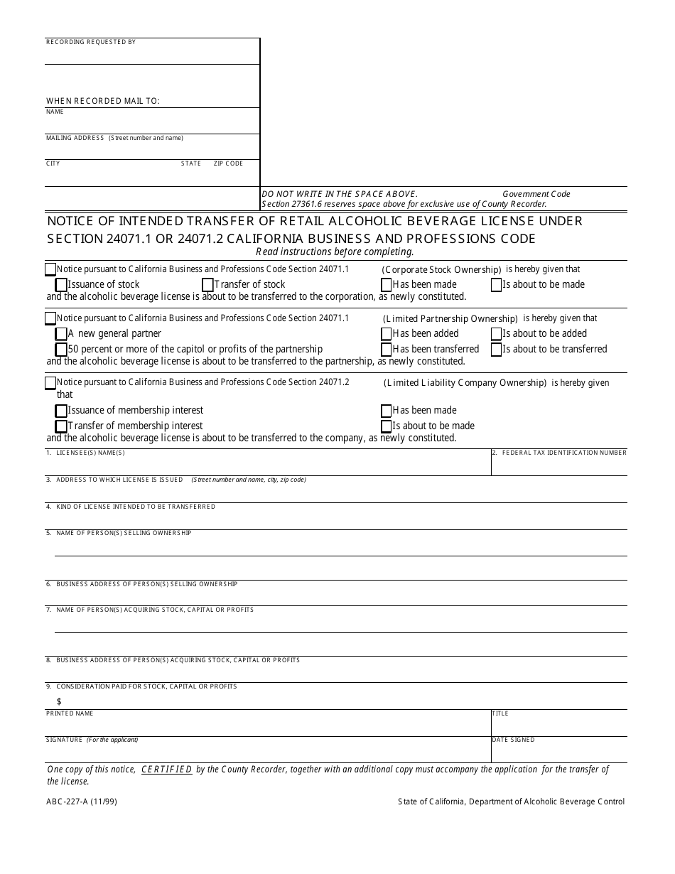 Form ABC-227-A Notice of Intended Transfer of Retail Alcoholic Beverage License Under Section 24071.1 or 24071.2 California Business and Professions Code - California, Page 1