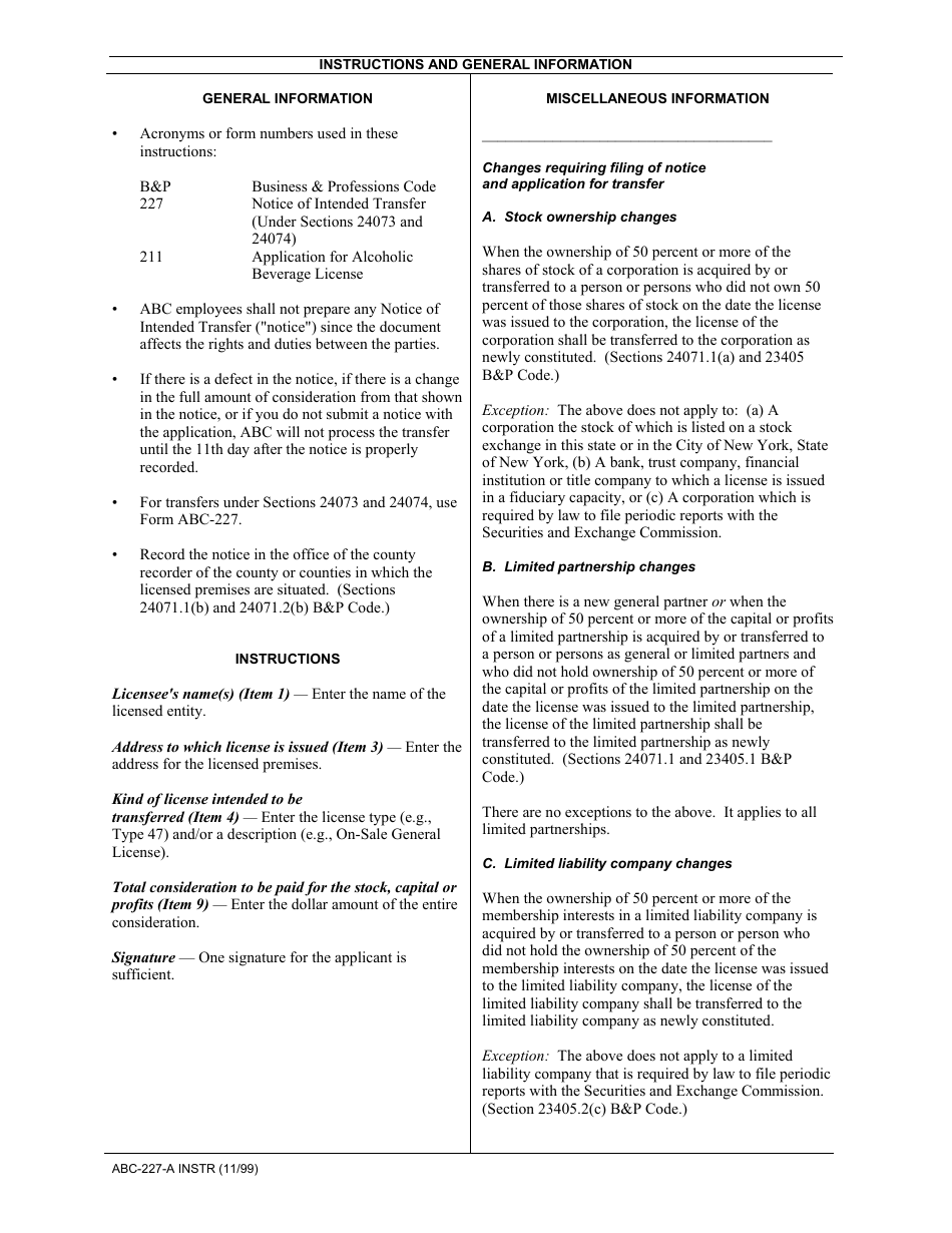 Download Instructions for Form ABC227A Notice of Intended Transfer of