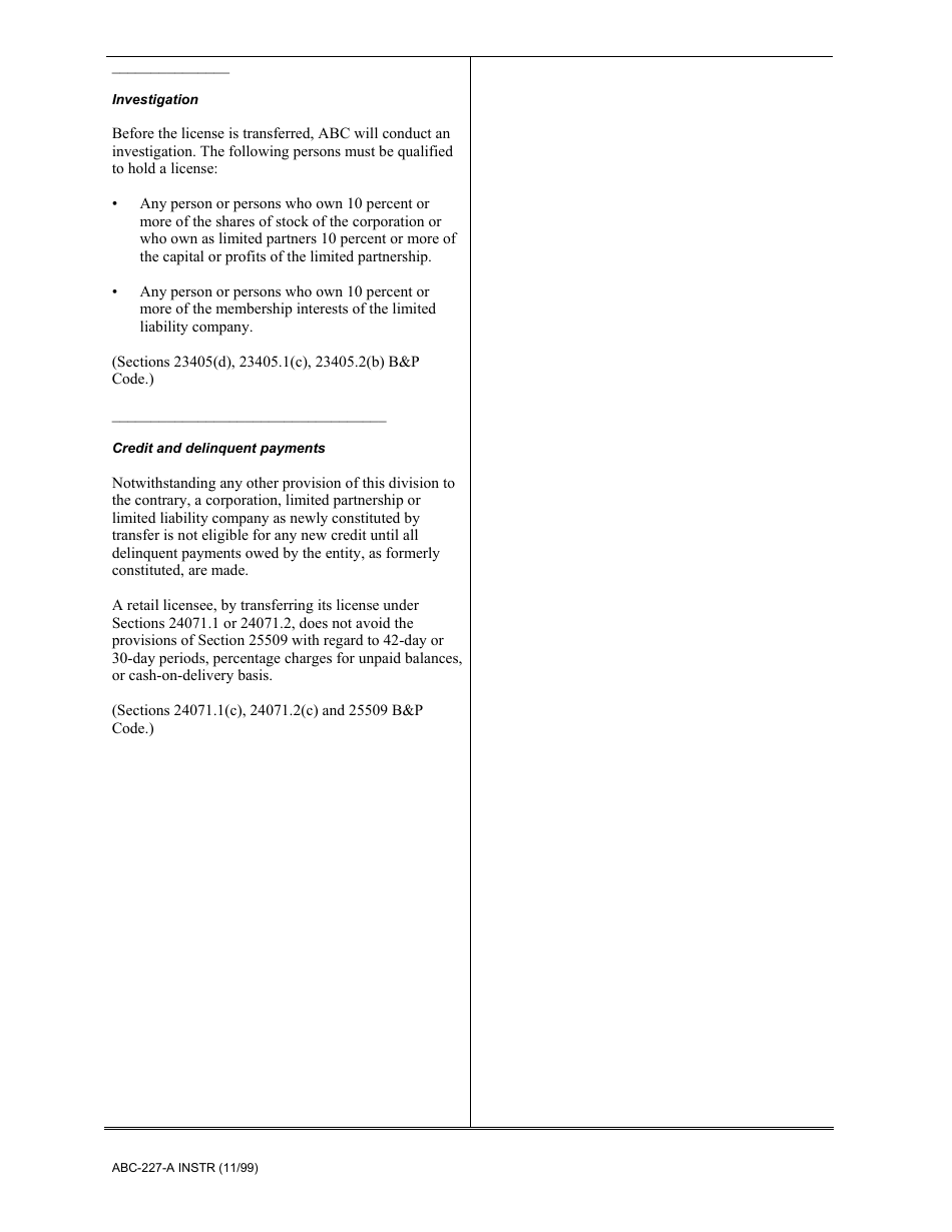 Instructions for Form ABC-227-A Notice of Intended Transfer of Retail Alcoholic Beverage License Under Section 24071.1 or 24071.2 California Business and Professions Code - California, Page 2