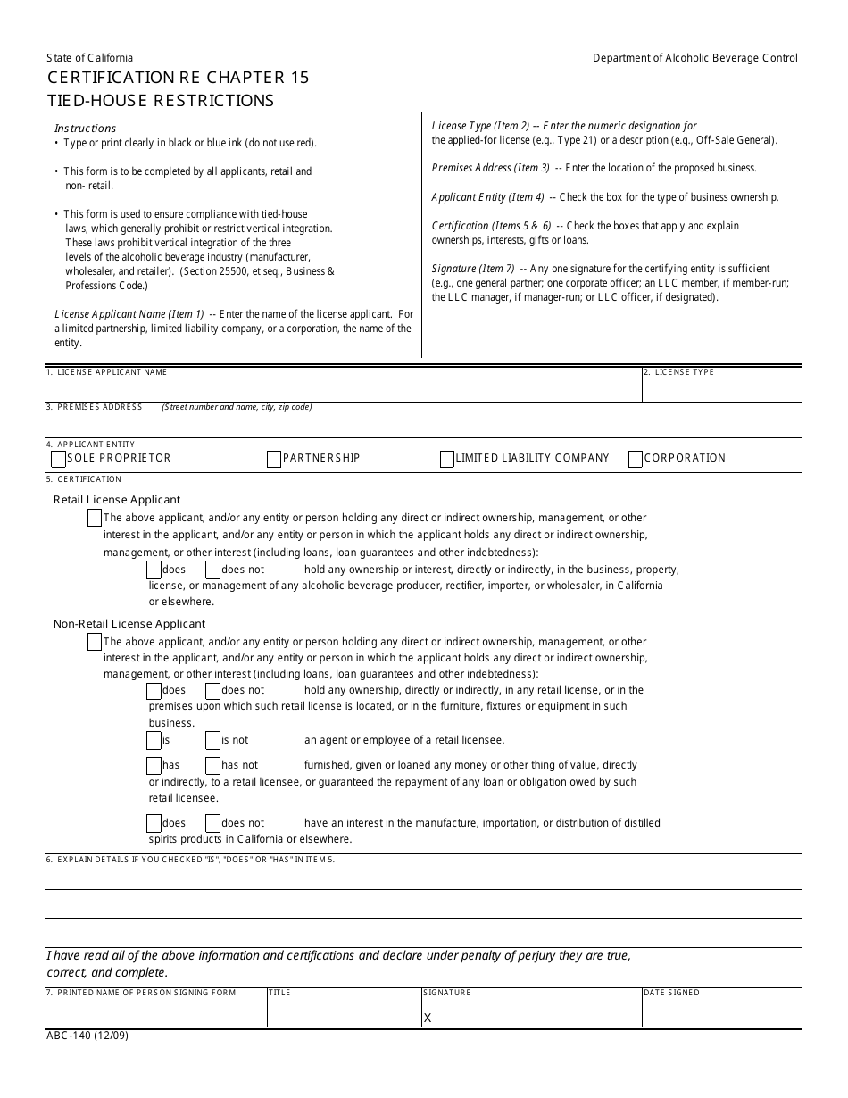 Form ABC-140 Certification Re Chapter 15 Tied-House Restrictions - California, Page 1