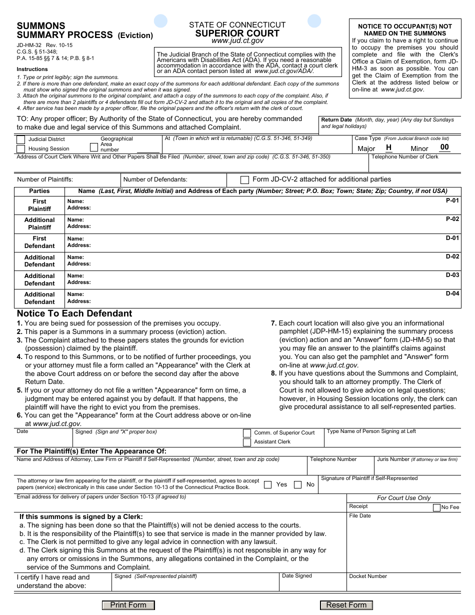 Form JD-HM-32 Summons - Summary Process (Eviction) - Connecticut, Page 1