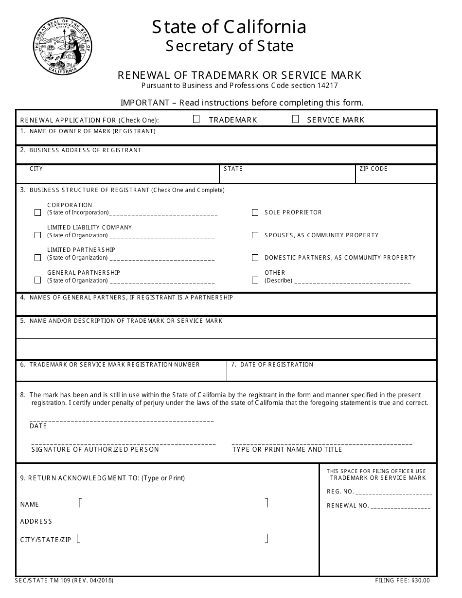Form TM109 Renewal of Trademark or Service Mark - California, Page 1