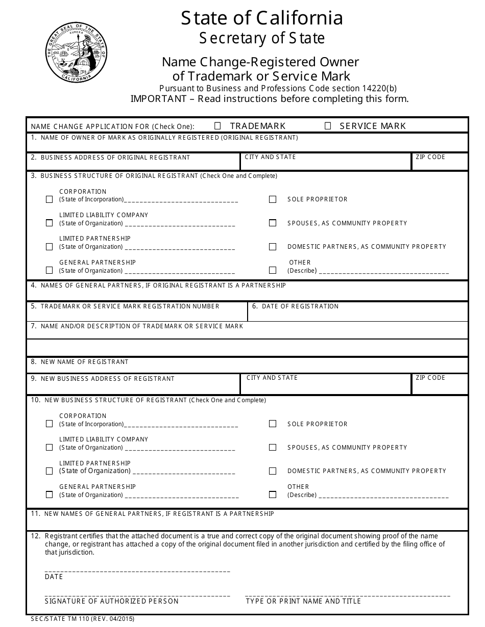 Form TM110 Name Change-Registered Owner of Trademark or Service Mark - California, Page 1