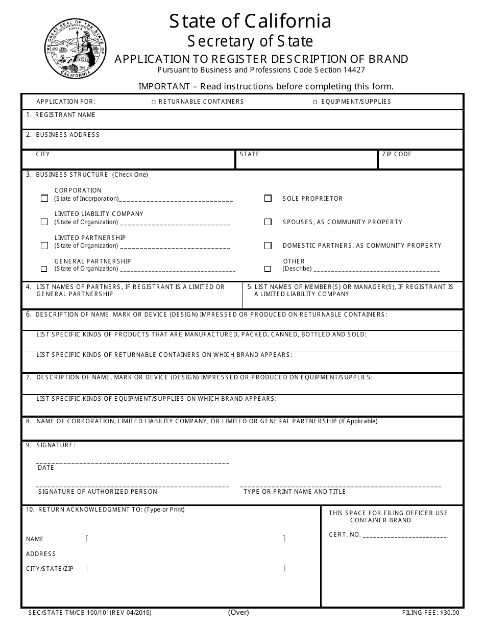 Form TM / CB100 / 101 Application to Register Description of Brand - California, Page 1