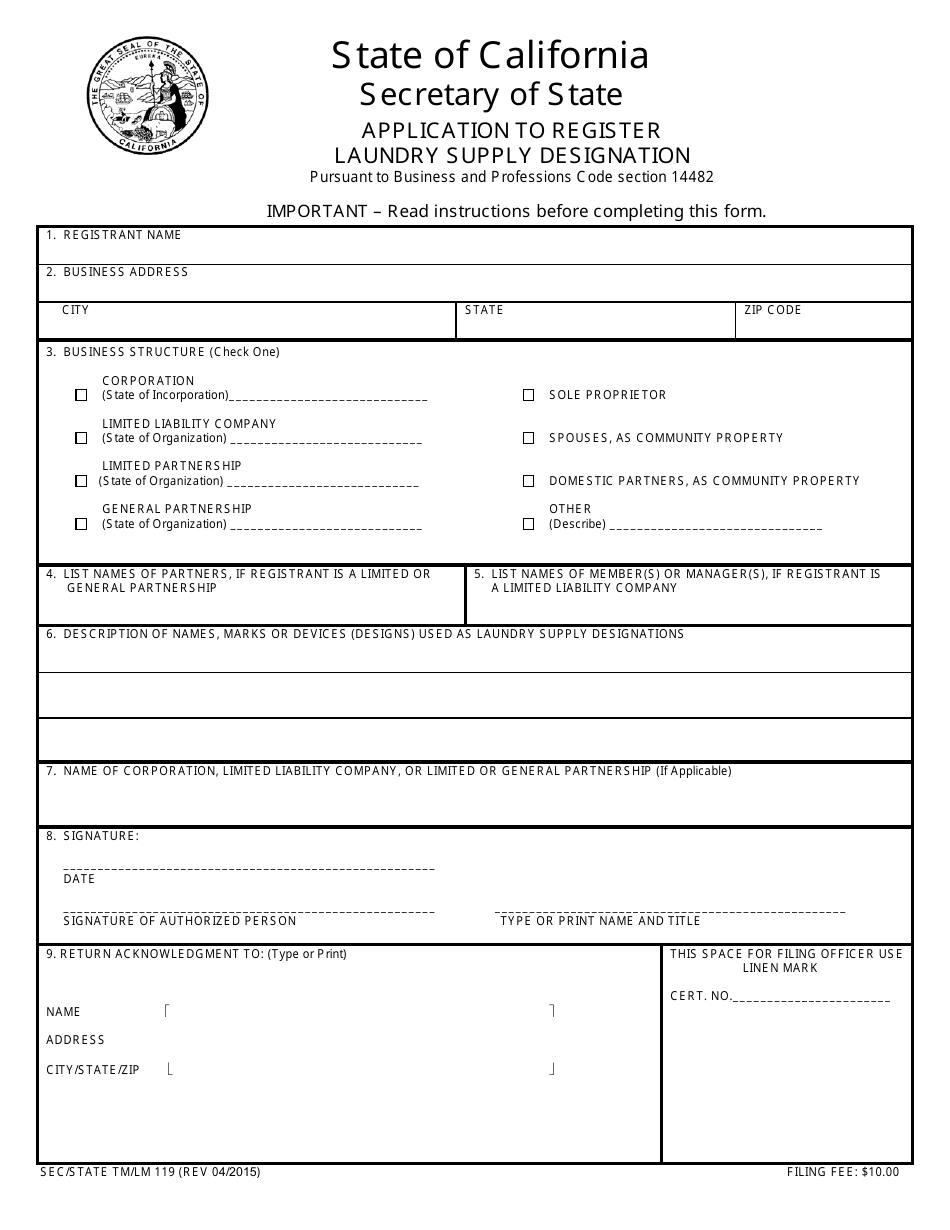 Form TM / LM119 Application to Register Laundry Supply Designation - California, Page 1