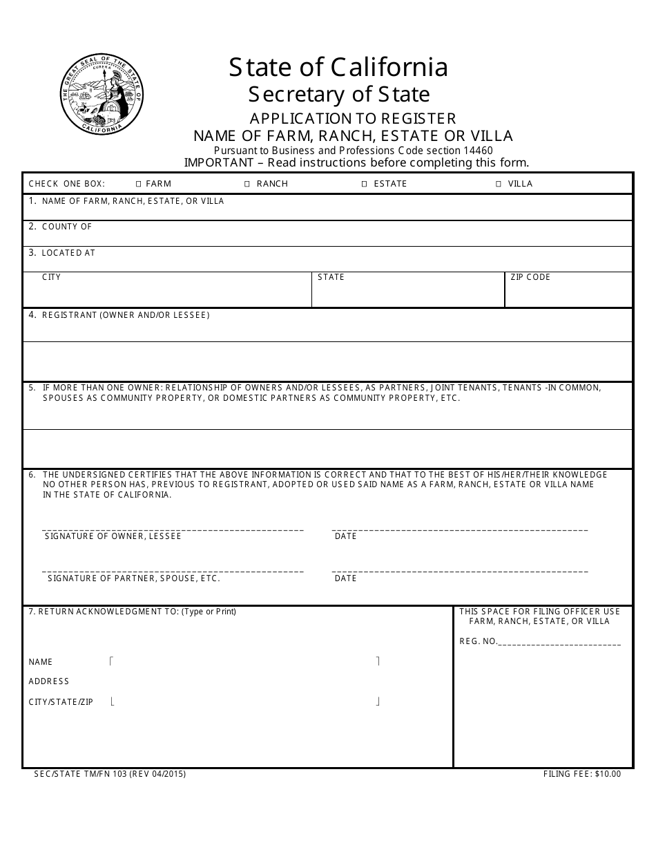 Form TM/FN103 Application to Register Name of Farm, Ranch, Estate or Villa - California, Page 1