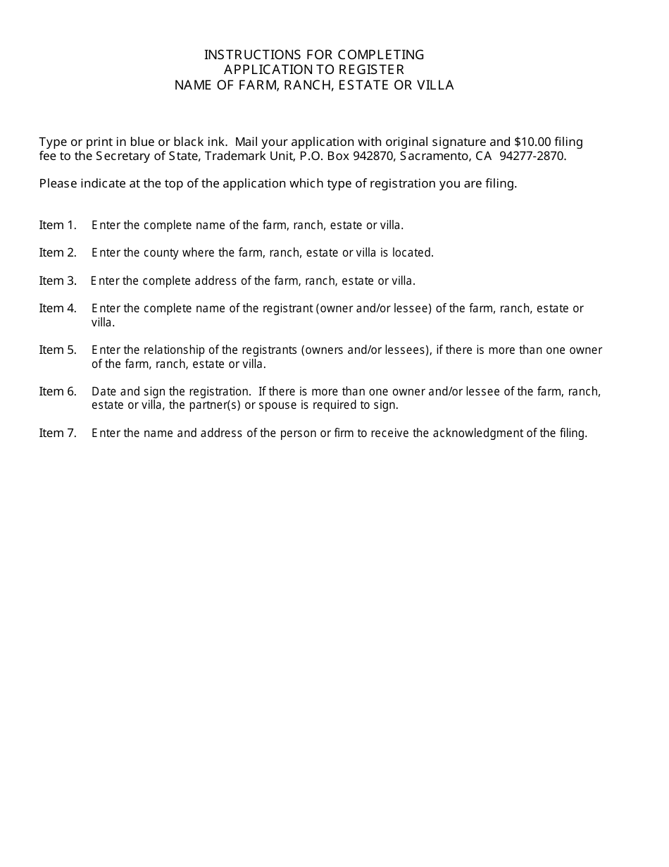 Form TM / FN103 Application to Register Name of Farm, Ranch, Estate or Villa - California, Page 2