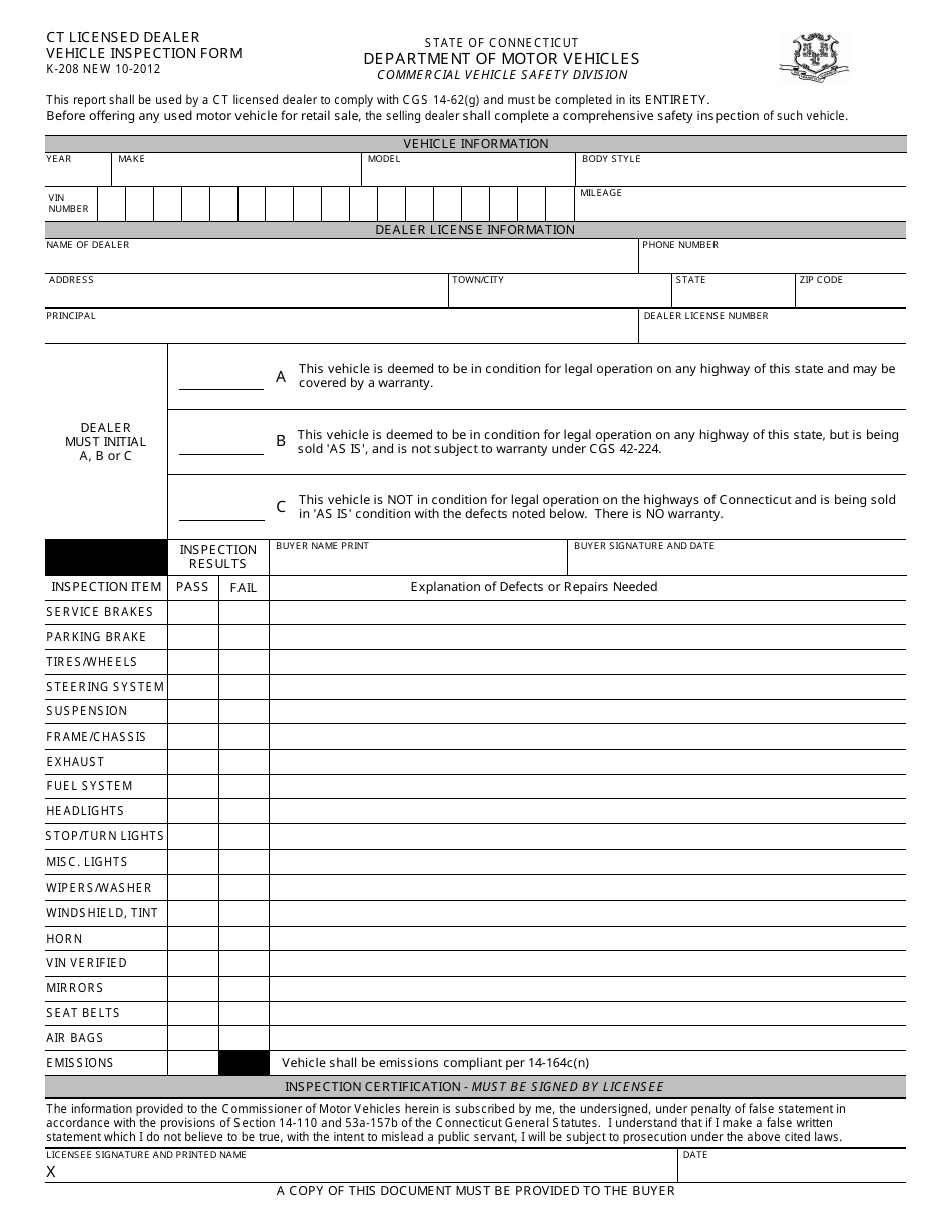 Form K-208 Ct Licensed Dealer Vehicle Inspection Form - Connecticut, Page 1