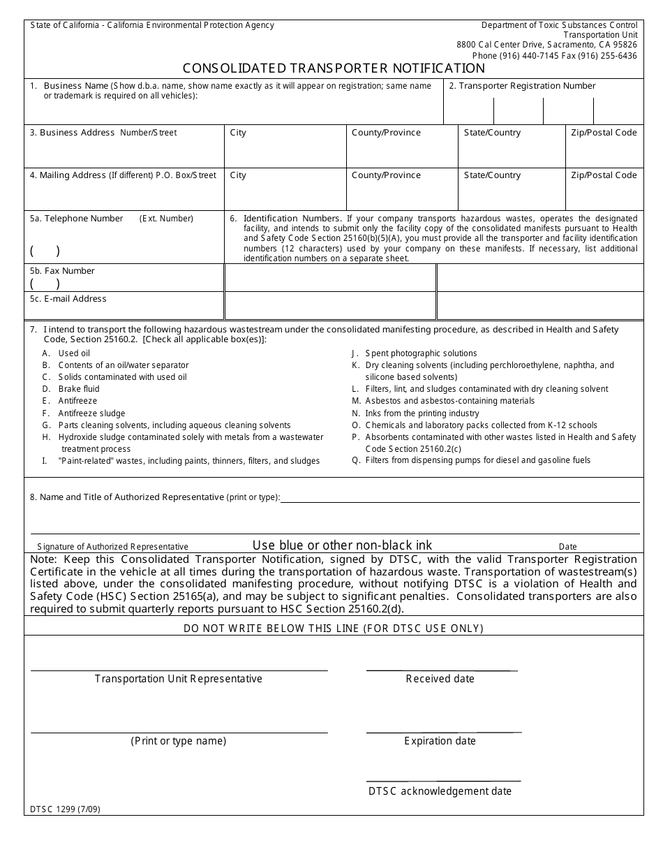 DTSC Form 1299 Consolidated Transporter Notification - California, Page 1