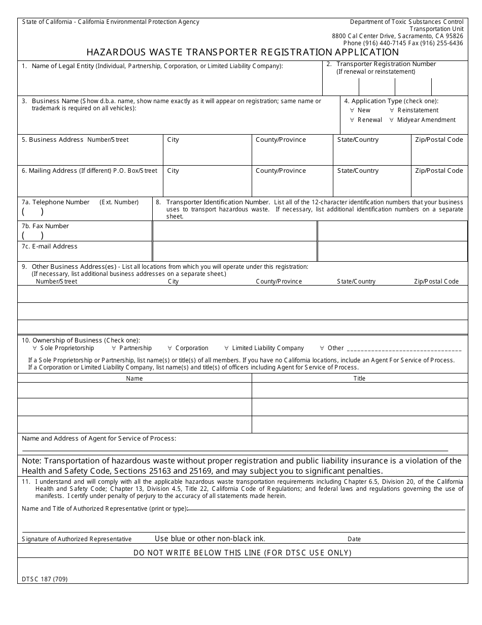 DTSC Form 187 Hazardous Waste Transporter Registration Application - California, Page 1