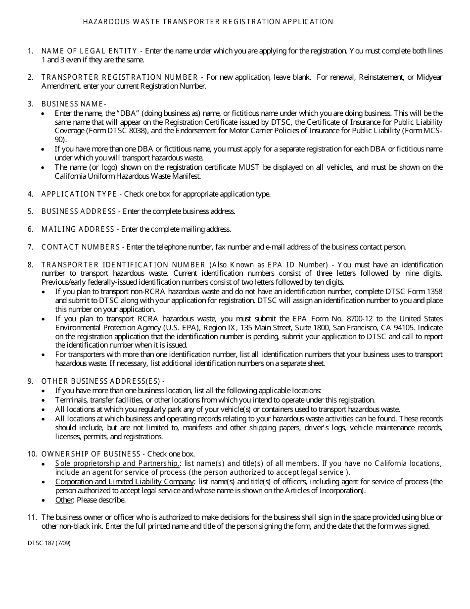 DTSC Form 187 Hazardous Waste Transporter Registration Application - California, Page 2