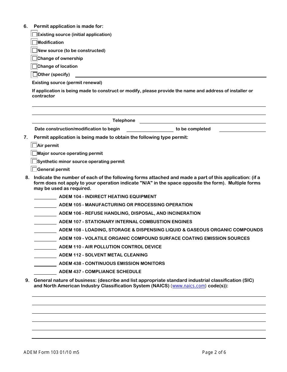 ADEM Form 103 Construction / Operating Permit Application Facility Identification Form - Alabama, Page 3