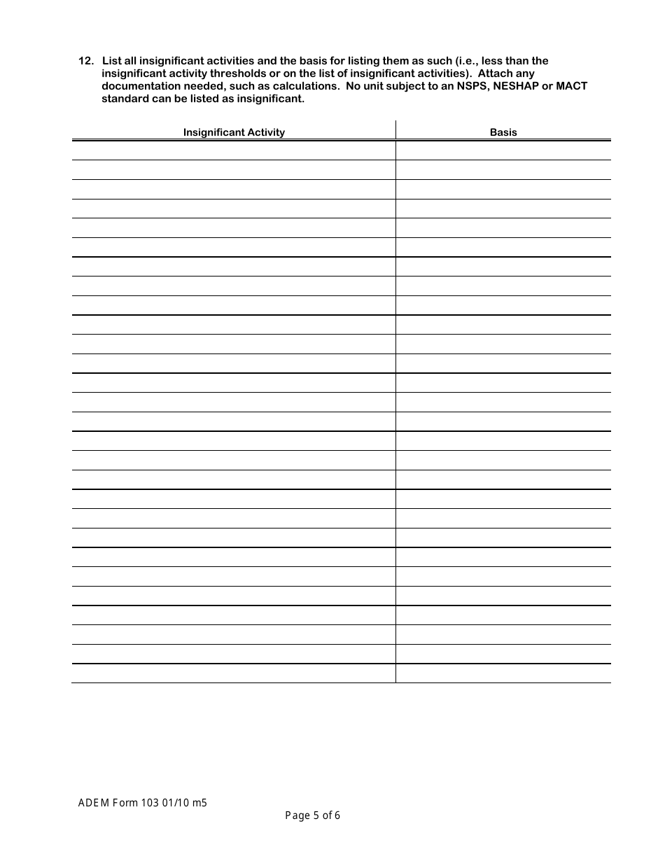 ADEM Form 103 Construction / Operating Permit Application Facility Identification Form - Alabama, Page 6