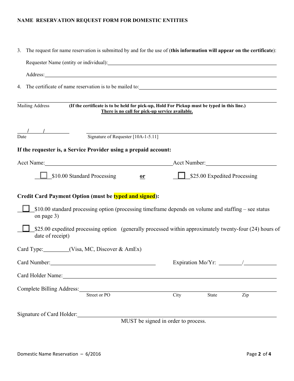 Name Reservation Request Form for Domestic Entities - Alabama, Page 2