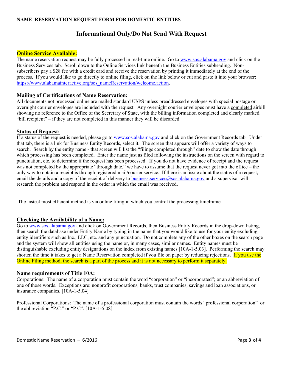 Name Reservation Request Form for Domestic Entities - Alabama, Page 3