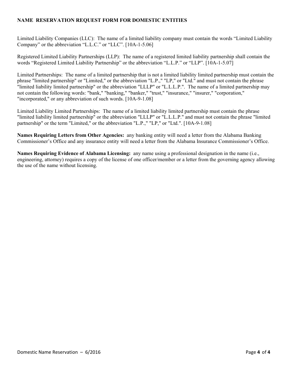 Name Reservation Request Form for Domestic Entities - Alabama, Page 4