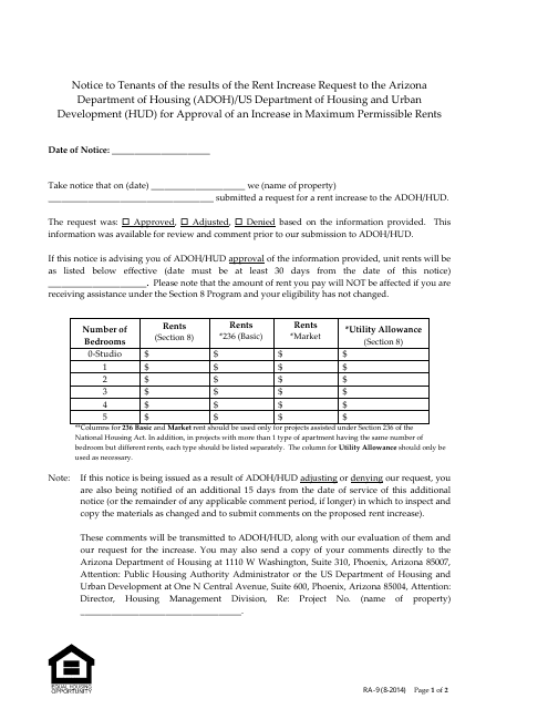 Form RA-9 Tenant Notice for Rent Increase - Arizona