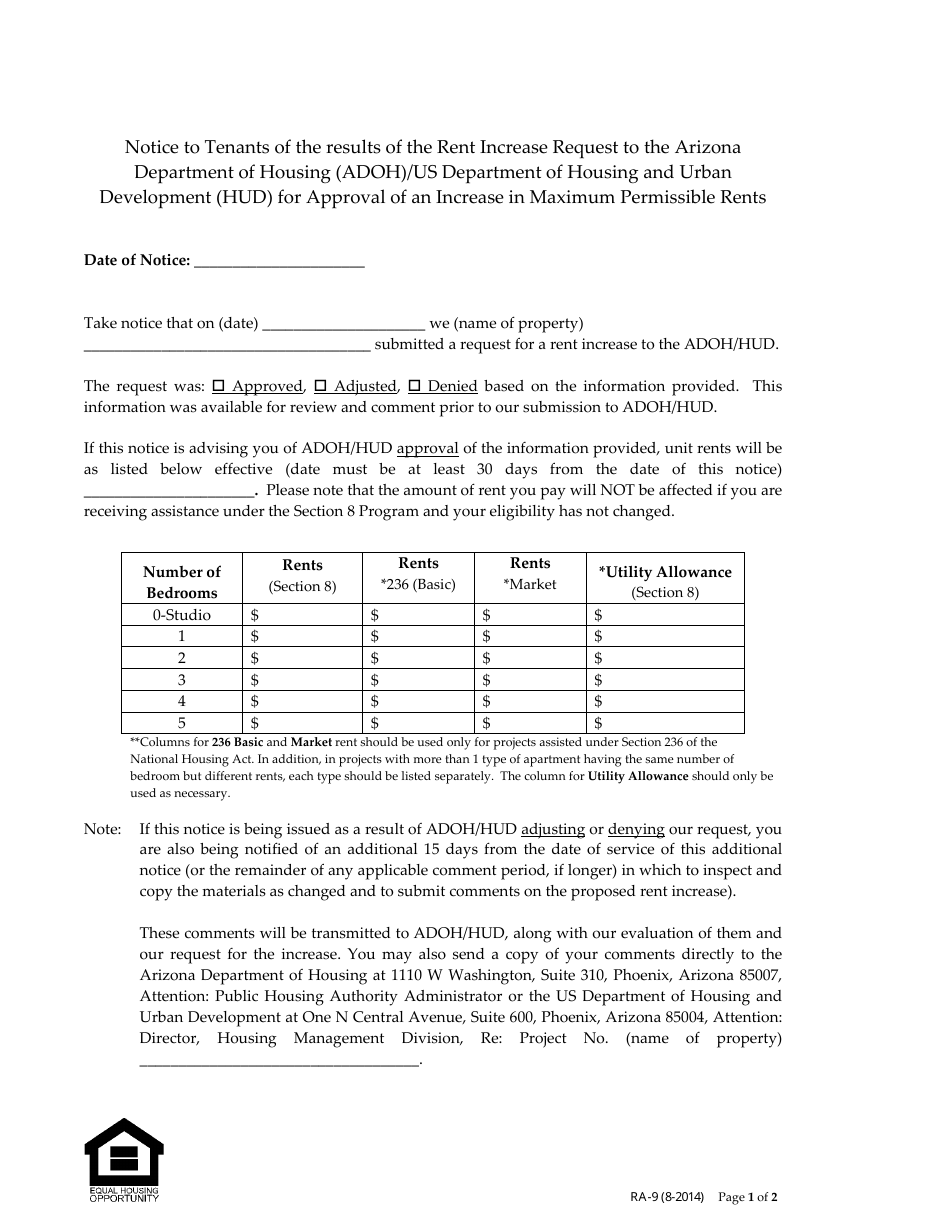 Form RA-9 Tenant Notice for Rent Increase - Arizona, Page 1