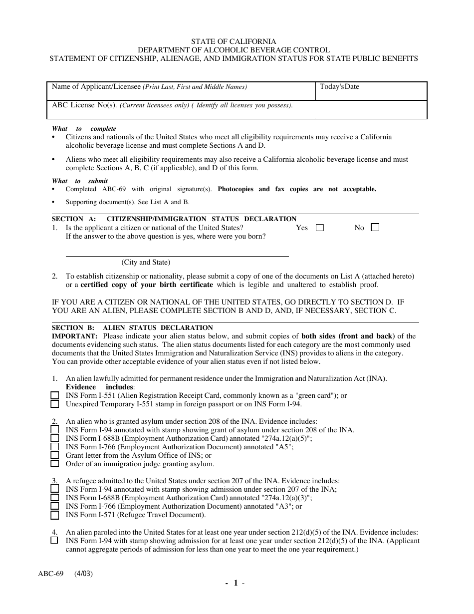 Form ABC-69 Statement of Citizenship, Alienage, and Immigration Status for State Public Benefits - California, Page 1