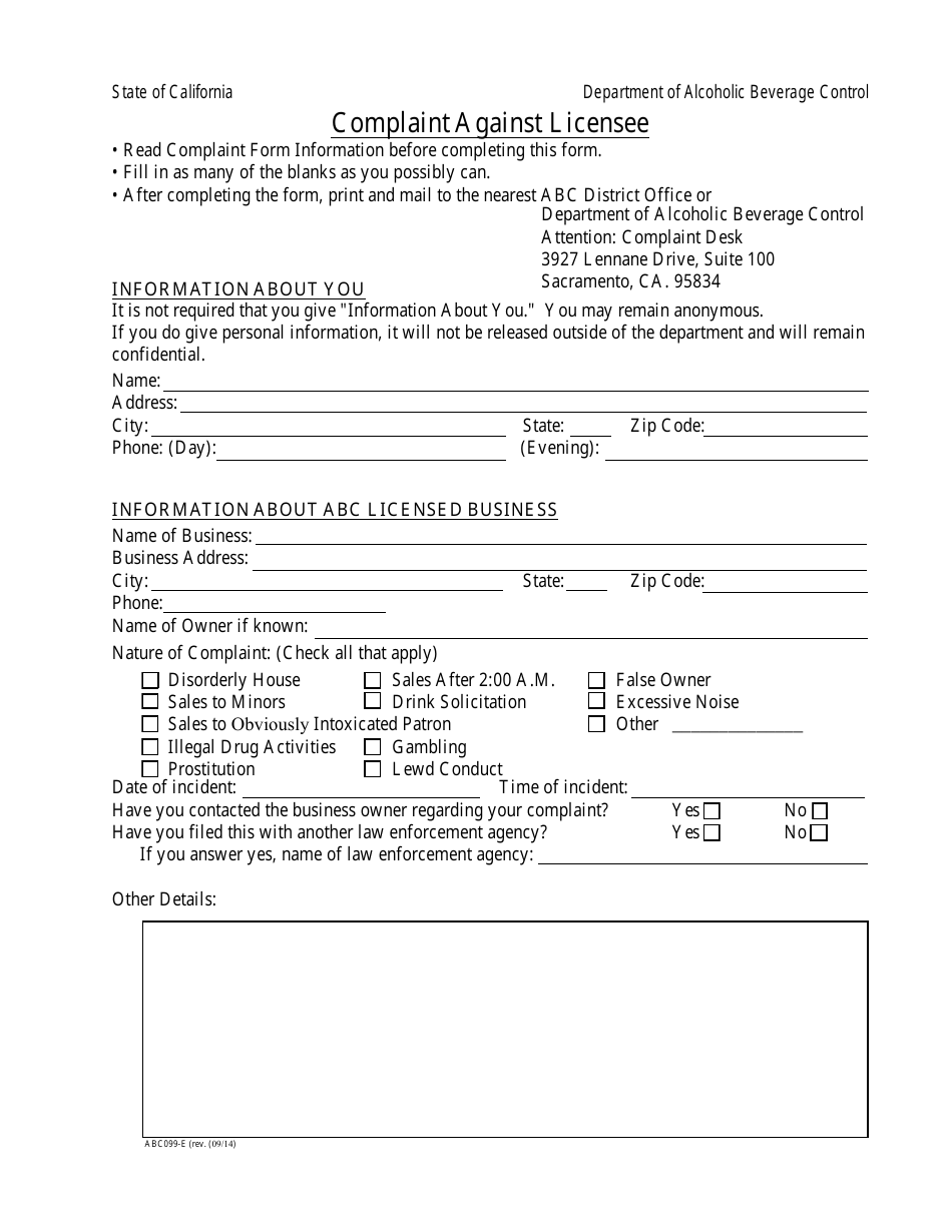 Form ABC099-E Complaint Against Licensee - California, Page 1