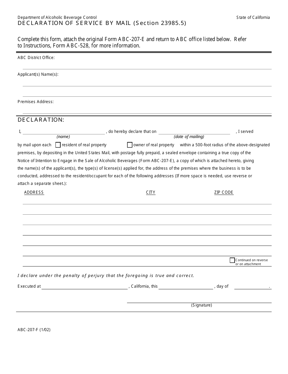 Form ABC-207-F - Fill Out, Sign Online and Download Fillable PDF ...