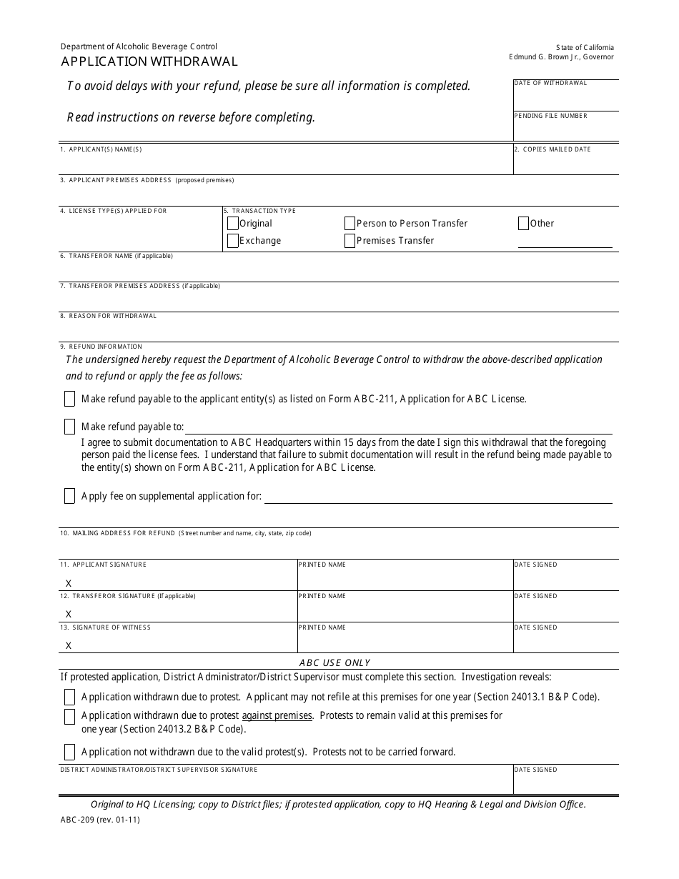 Form ABC-209 Application Withdrawal - California, Page 1