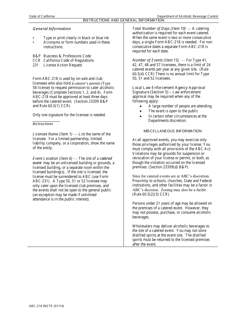 Instructions for Form ABC-218 Catering or Event Authorization Application - California, Page 1