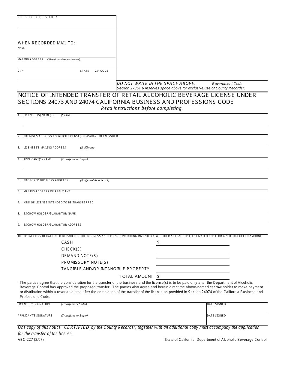 Form ABC-227 - Fill Out, Sign Online And Download Fillable PDF ...