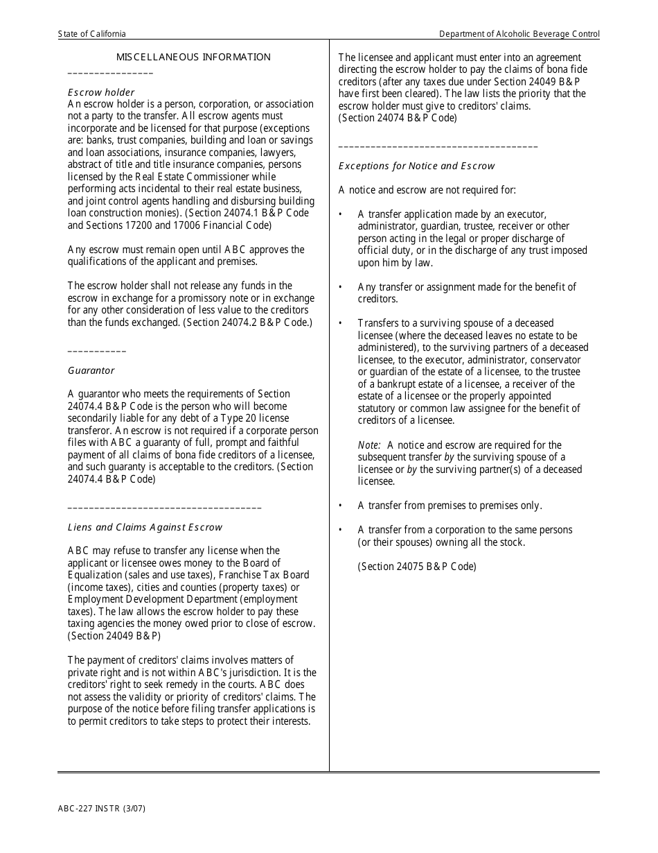 Instructions for Form ABC-227 Notice of Intended Transfer of Retail Alcoholic Beverage License Under Sections 24073 and 24074 California Business and Professions Code - California, Page 2
