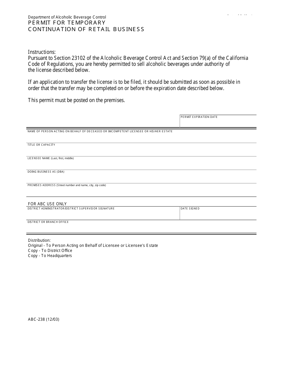 Form ABC-238 Permit for Temporary Continuation of Retail Business - California, Page 1